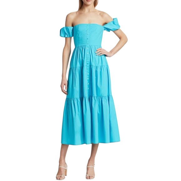 STAUD - Elio Puff-Sleeve Prairie Midi Full Skirt Dress Sz 4 - Picture 1 of 9